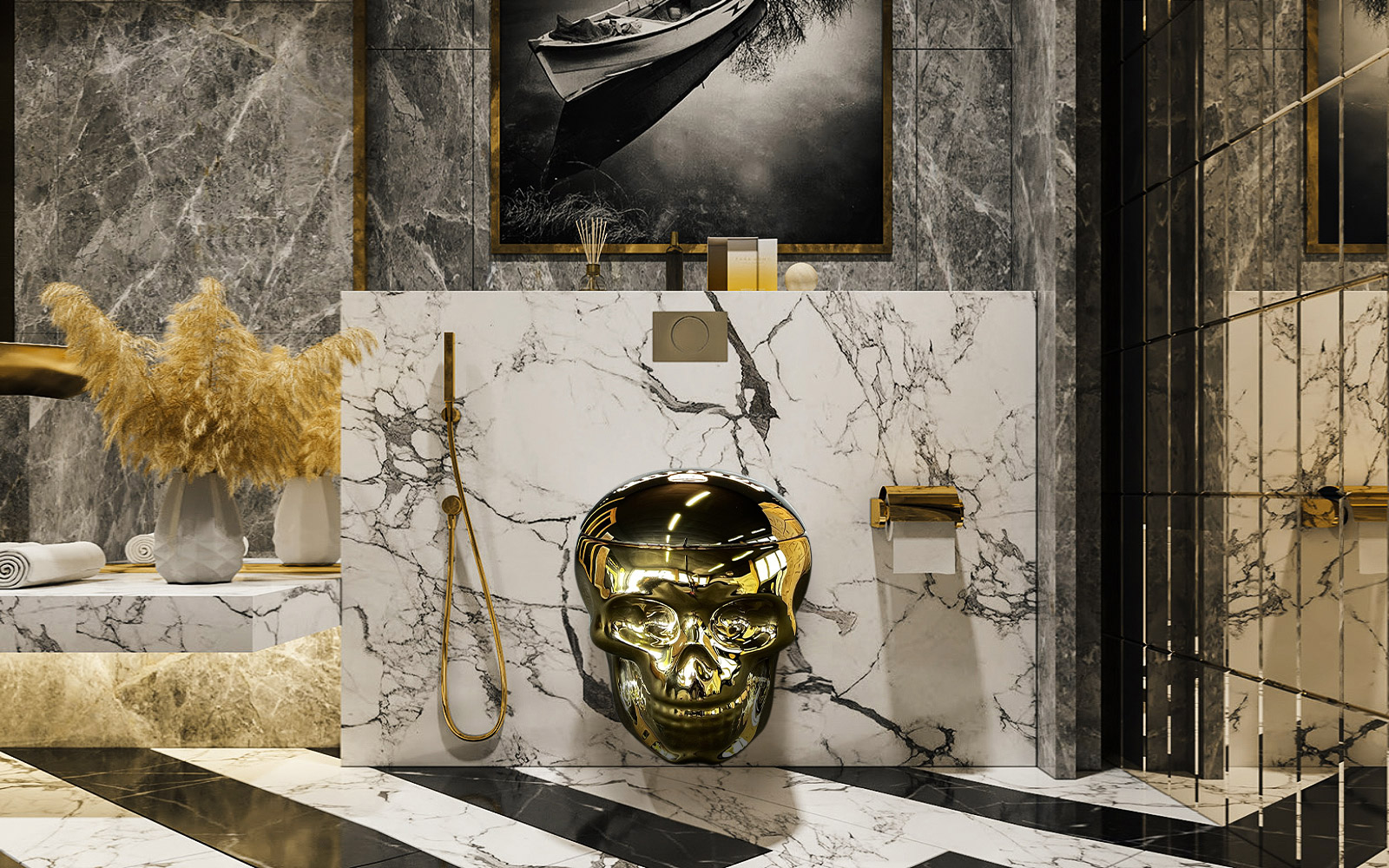 Goldenes Skullpot Totenkopf WC in einem hellen Design-Badezimmer