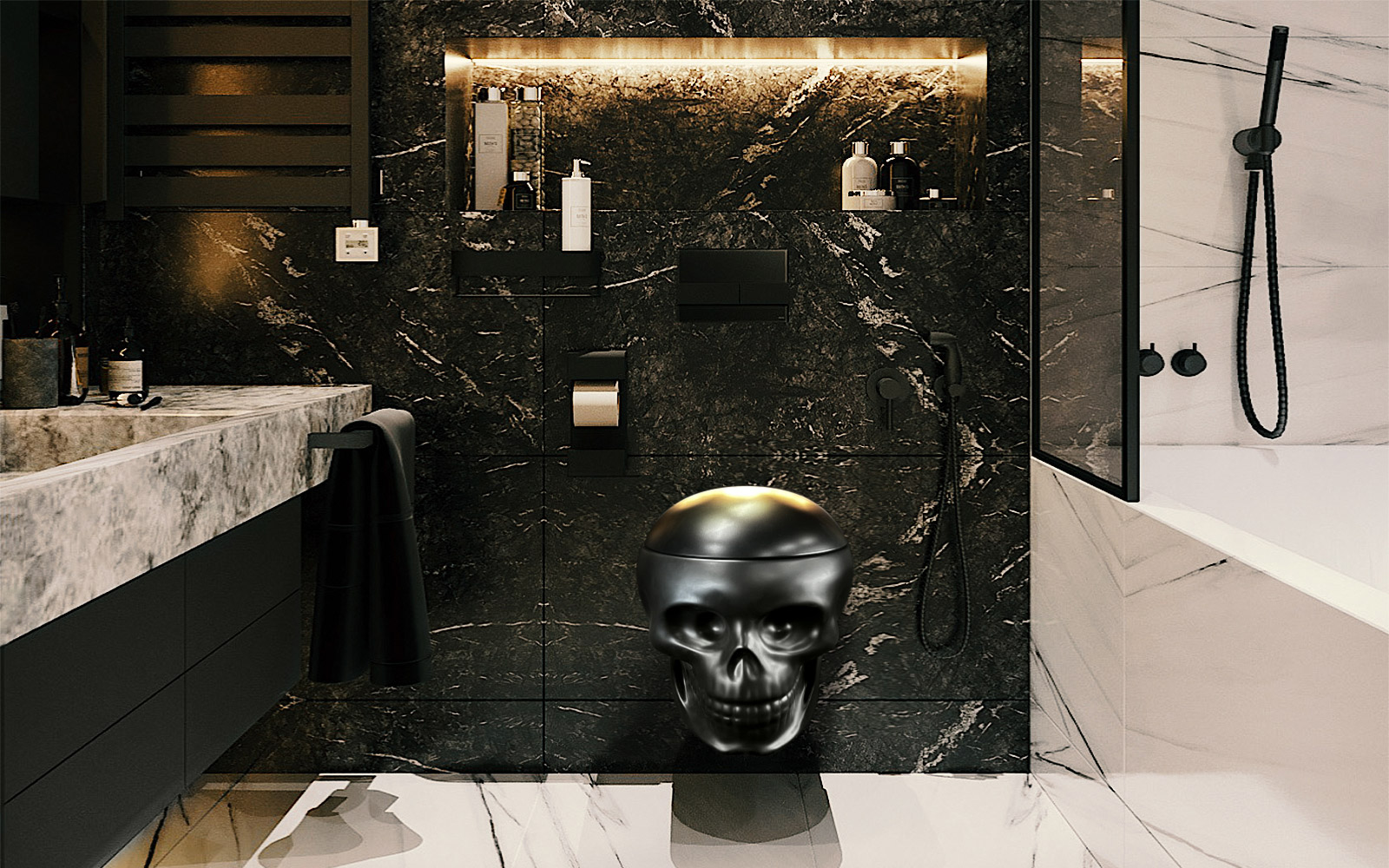 Black Skullpot Skull Toilet in a dark design bathroom
