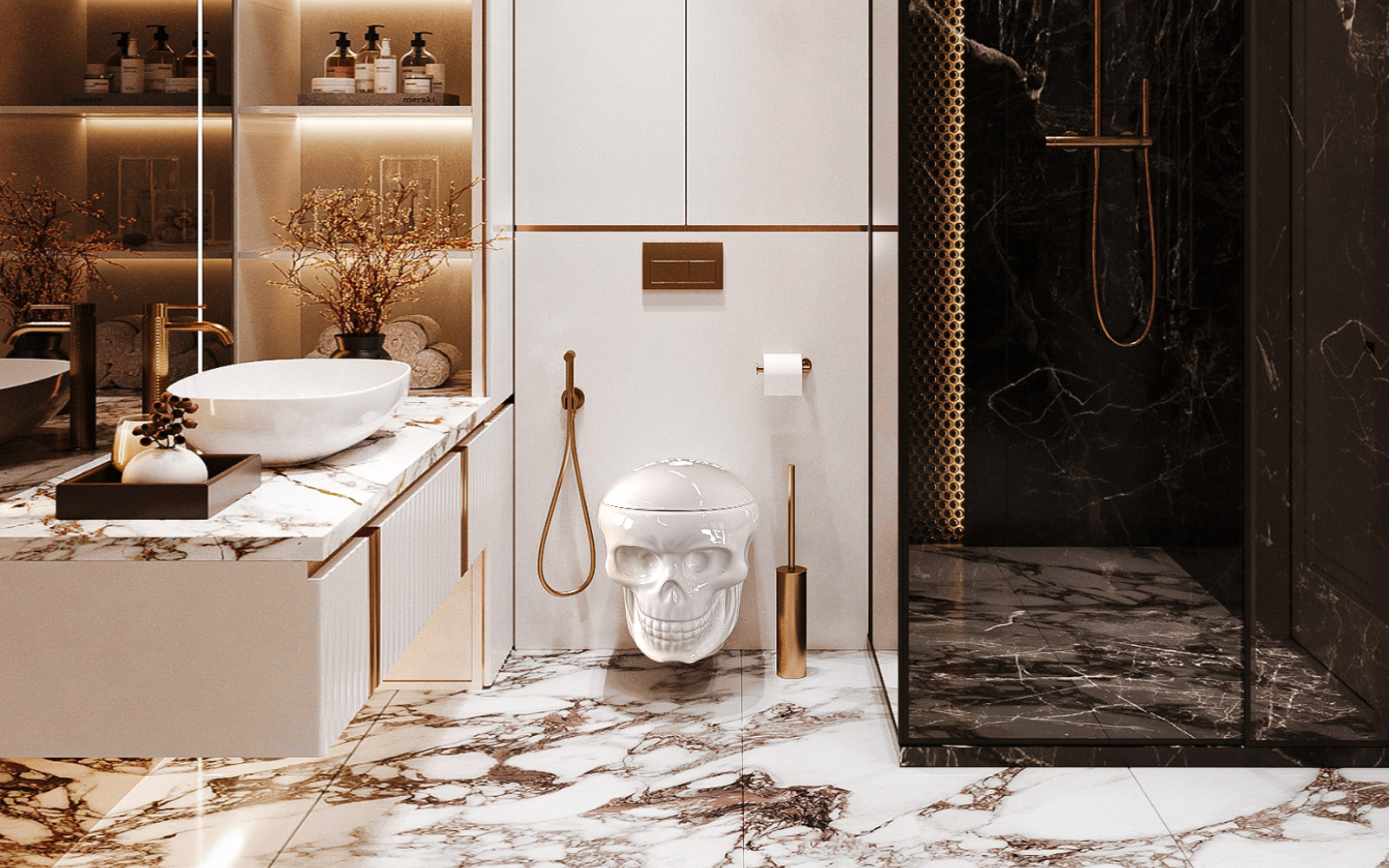 Weisses Skullpot Totenkopf WC in einem hellem Design-Badezimmer