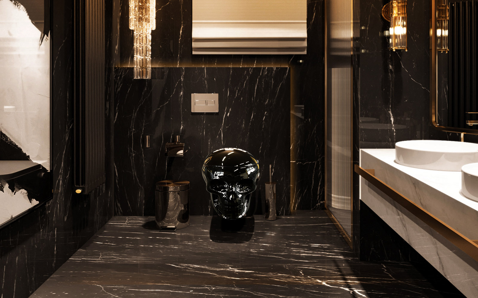 Schwarzes Skullpot Totenkopf WC in einem dunklen Design-Badezimmer