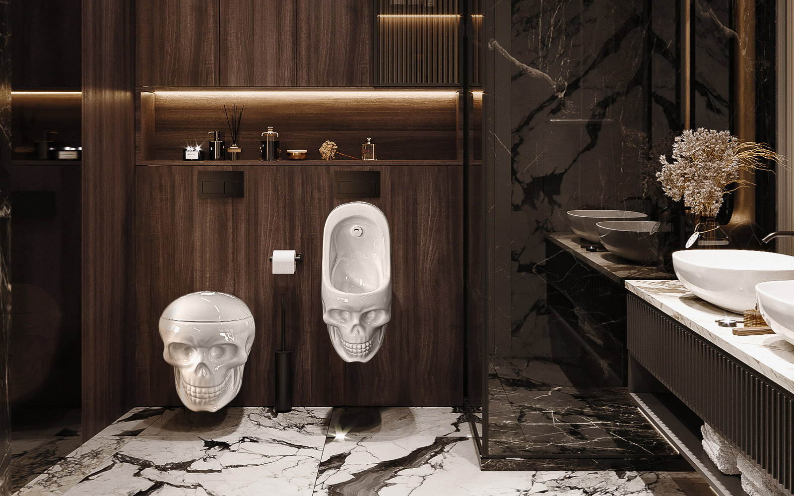 Weisses Skullpot Totenkopf WC in einem hellem Design-Badezimmer